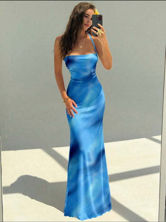 Robe longue bleue tie-dye dos nu croisé