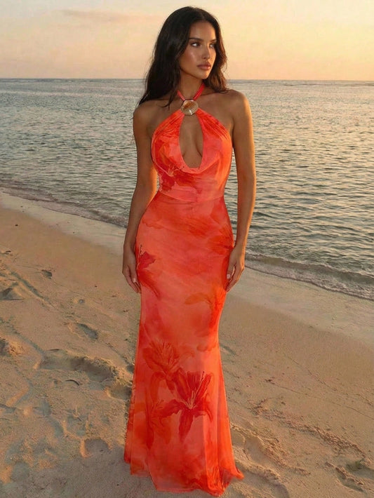 Robe longue orange col halter bijou